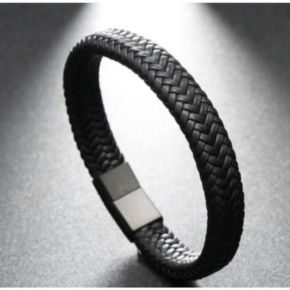 Mens Fashion Handmade Leather Braided Magnetic Clasp Stainless Steel Bracelet - Picture 3 of 6